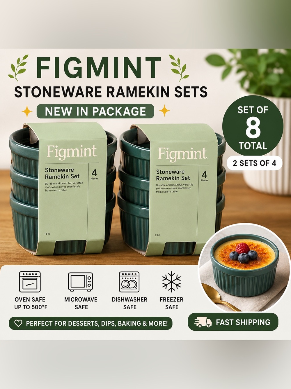 Figmint Forest Green Stoneware Ramekin Set - 8 Pack